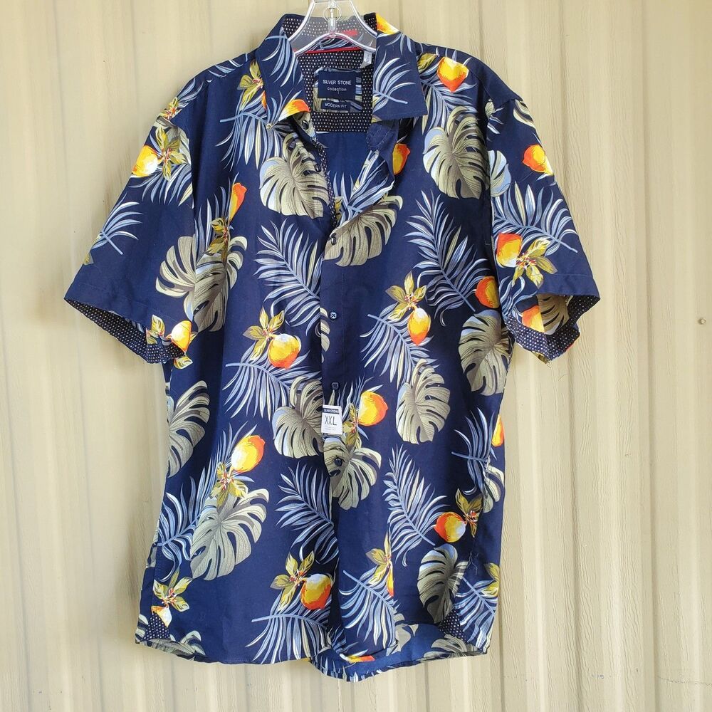 Silver Stone Modern Fit Casual Hawaiian Flower Pattern Button Up Shirts Sz XXL